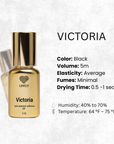 Gold bottle of 'Victoria' lash extension adhesive with product details on a light gray background