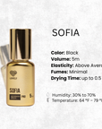 Gold bottle labeled 'Sofia' with adhesive properties on a light gray background