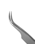 Close-up of curved isolation tweezers showing micro-textured finish for superior grip on individual lashes
