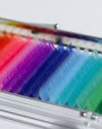 Detail view of Salut colorful eyelash extension strips displaying 15 color options for creative lash designs