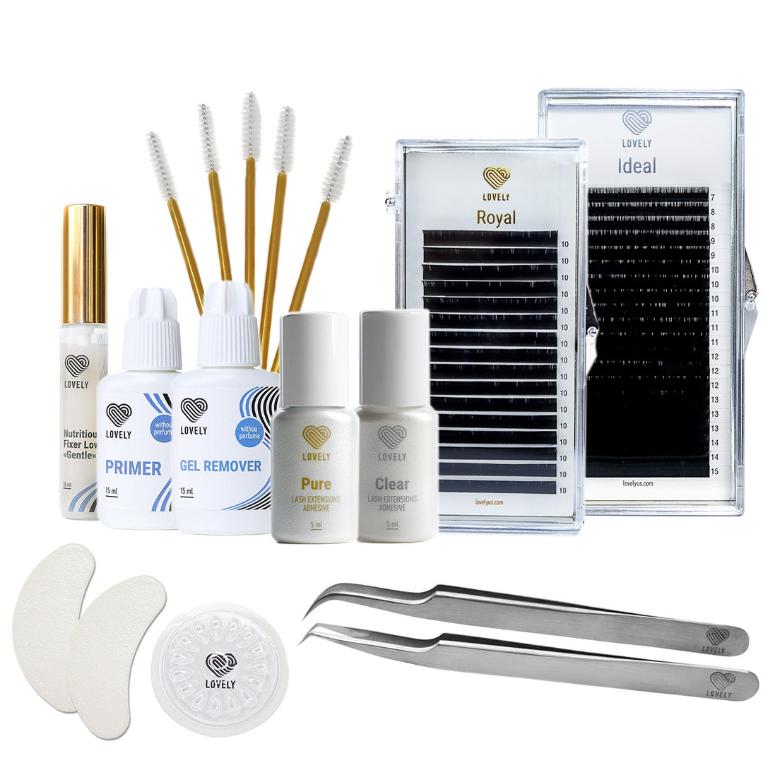 Complete professional eyelash extension kit with Lovely US adhesives, Royal and Ideal lashes, tweezers, primer, gel remover, and accessories