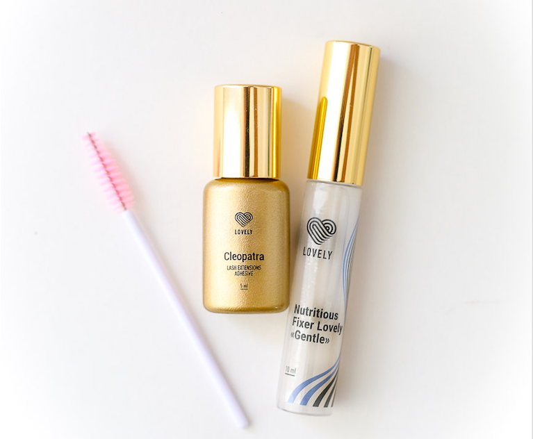 Best-selling Lovely US eyelash extension products - Cleopatra adhesive, Nutritious Fixer Lovely Gentle primer, and micro brush applicator