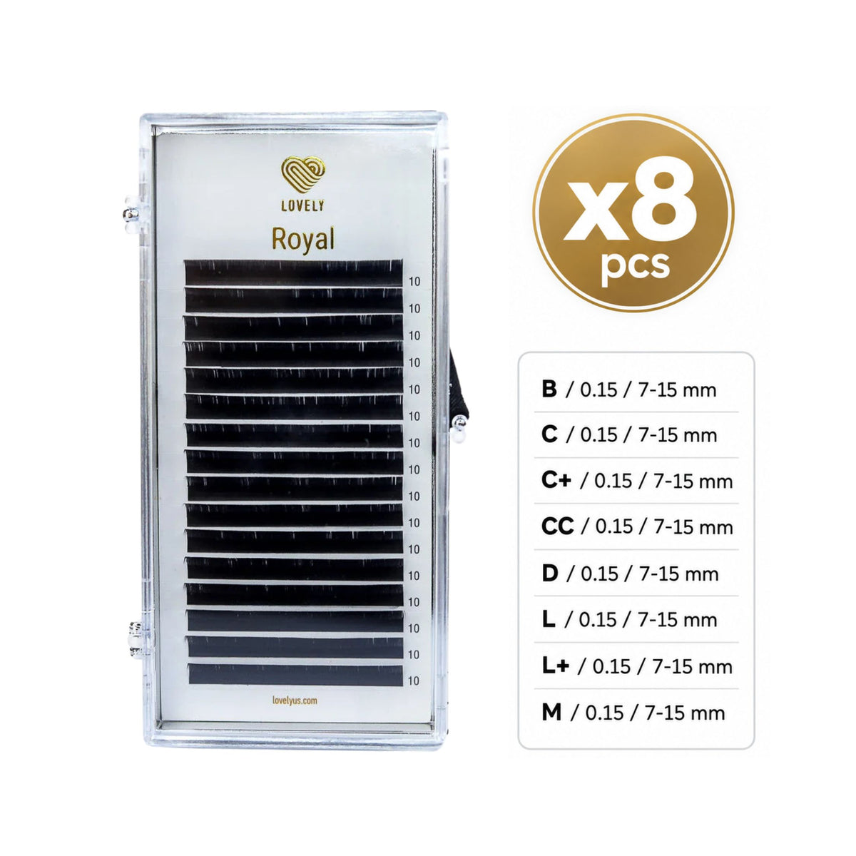 Lovely Royal eyelash extension tray on a white background, featuring a clear plastic case with black lashes and a gold logo. A gold circular badge indicates 'x8 pcs' and a white box on the right lists lash style codes B through M with sizes 0.