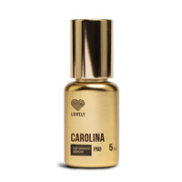 Gold bottle of 'Carolina' lash extension adhesive with 'Lovely' branding on a white background