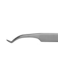 Close-up of 45 degree angled tweezers showing band grip design for comfort and reduced hand strain during lash work