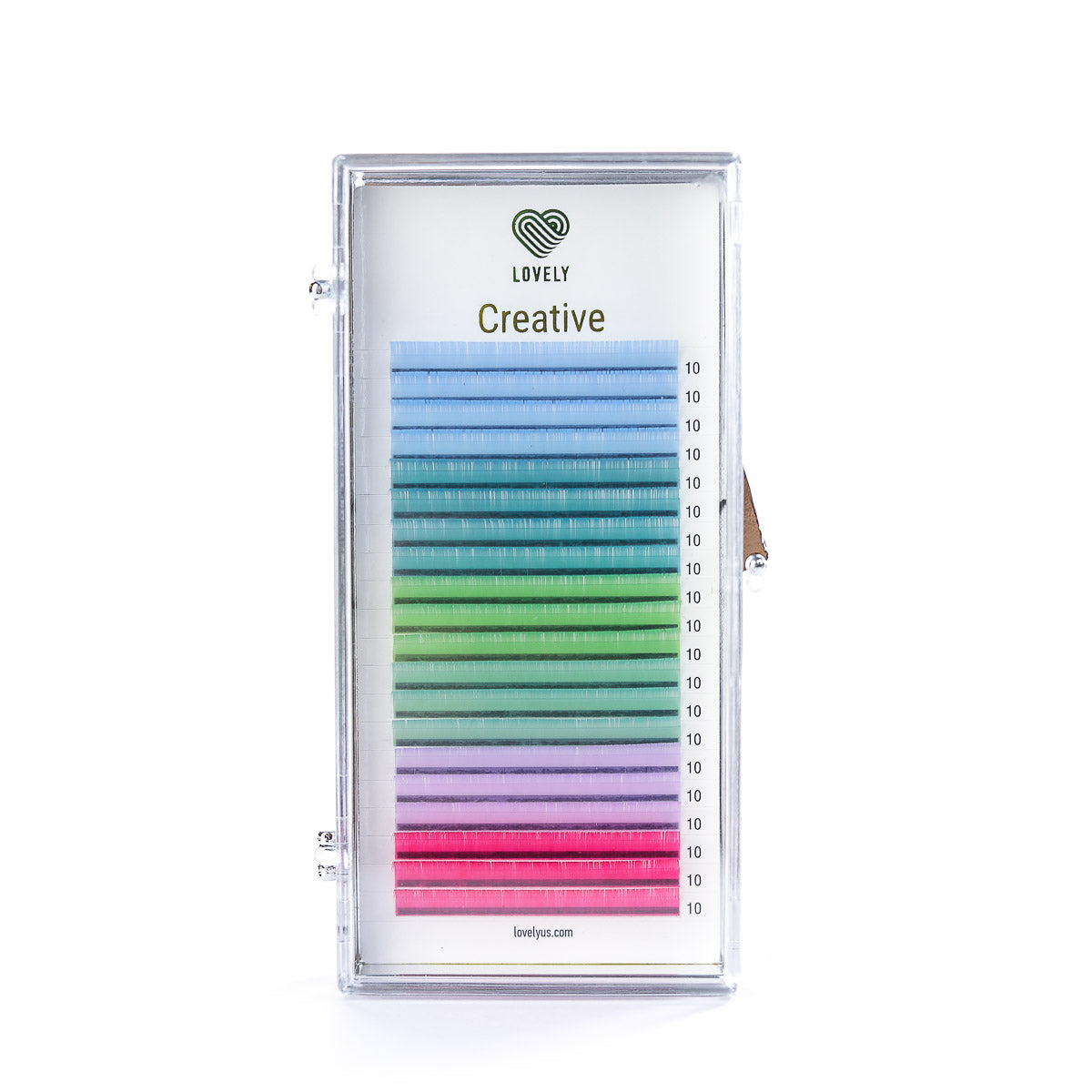 Pastel creative eyelash extensions 20-line tray by Lovely with 6 colors: fuchsia, lilac, turquoise, emerald, sea azure, and cornflower