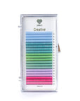Pastel creative eyelash extensions 20-line tray by Lovely with 6 colors: fuchsia, lilac, turquoise, emerald, sea azure, and cornflower