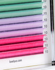 Close-up of pastel colored lash extensions showing vibrant multi-color options for creative accent lash application