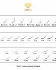 Lovely eyelash extension curl chart showing bend types (B, C, C+, D, CC, M, L, L+), thickness options (0.05-0.23mm), and length range (5mm-18mm)